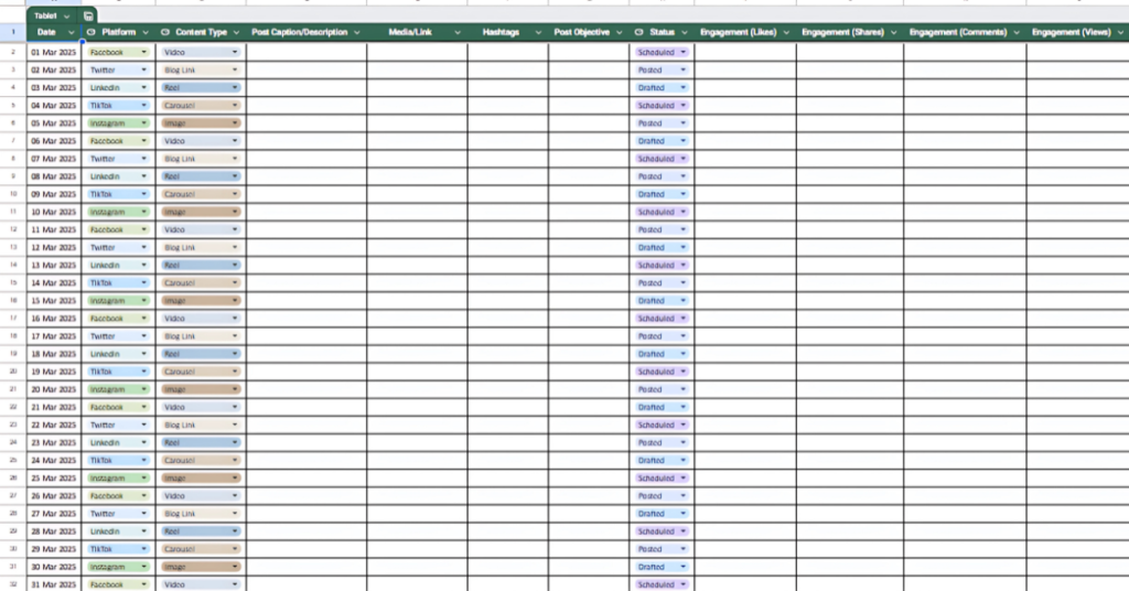 Free Social Media Content Calendar for Non-Profits showcasing platforms, content types, post captions, statuses, and engagement metrics.