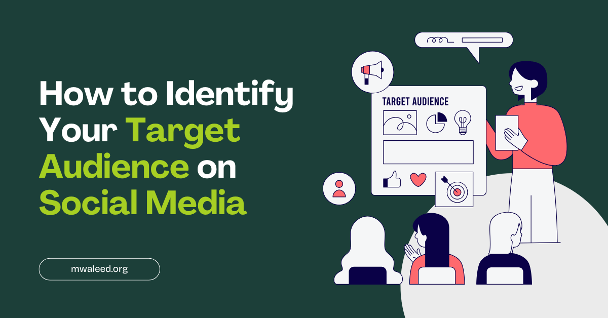 Illustration showing how to identify your target audience on social media, featuring analytics icons and a diverse group of people