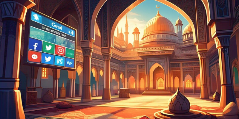 An Islamic center with social media icons, representing community engagement through social media presence.