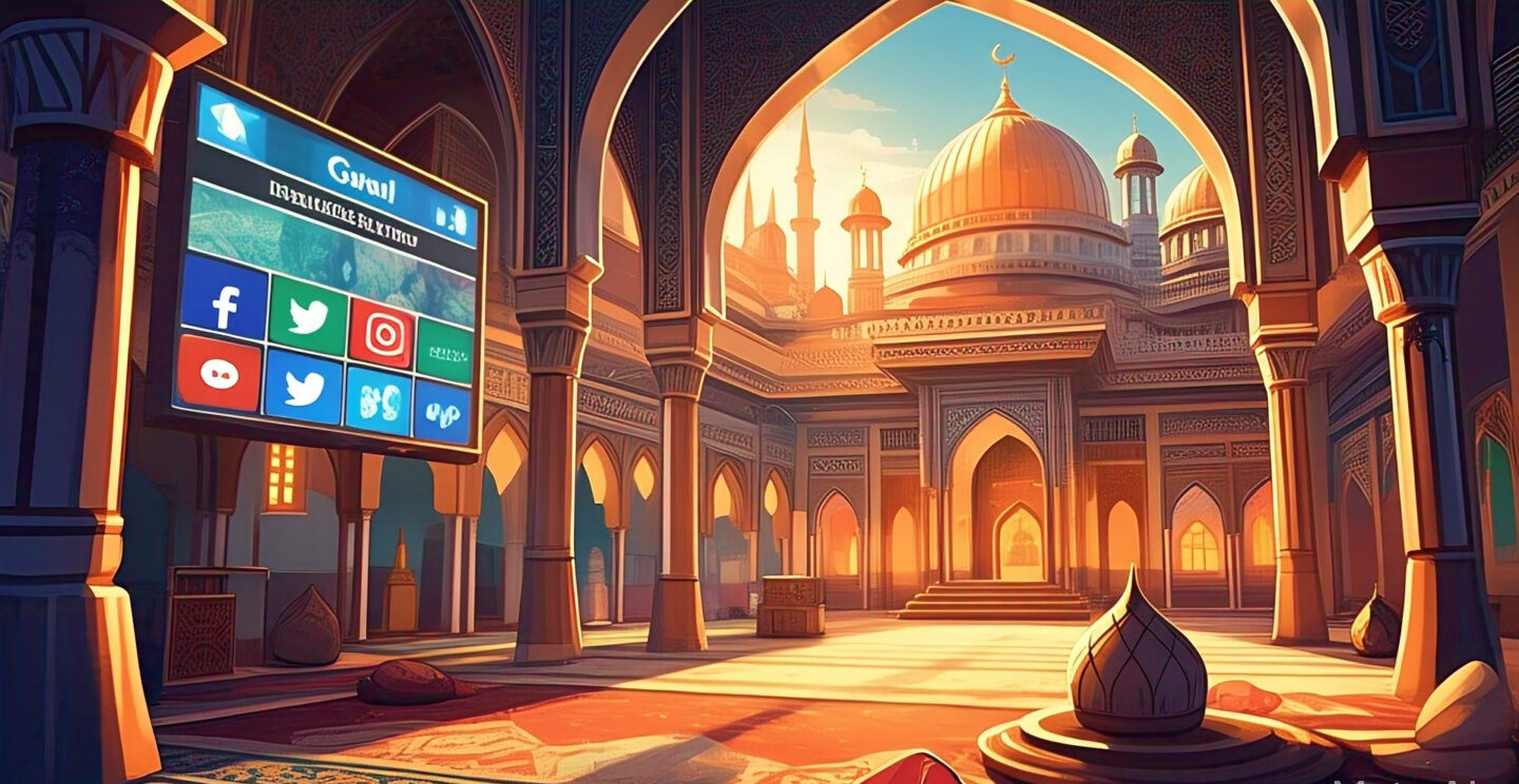 An Islamic center with social media icons, representing community engagement through social media presence.