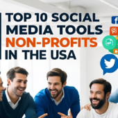 Digital illustration featuring social media tools and a diverse team collaborating in a modern workspace with bold text highlighting 'Top 10 Social Media Tools for Non-Profits in the USA.