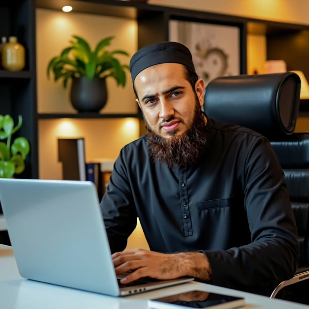 Waleed working on a laptop, providing social media management and digital strategies for non-profits.