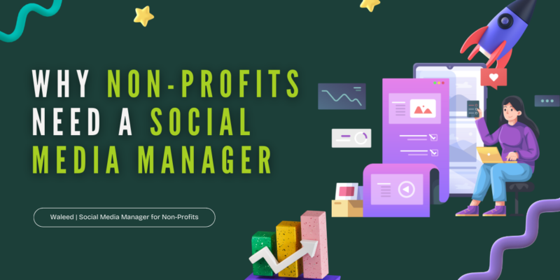 Featured image showing the title 'Why Non-Profits Need a Social Media Manager' with social media icons and a team brainstorming