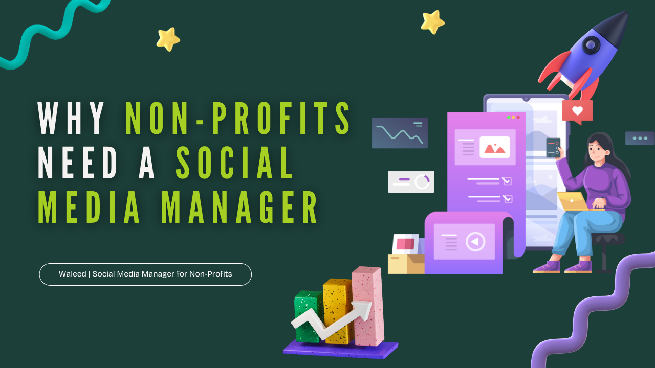 Featured image showing the title 'Why Non-Profits Need a Social Media Manager' with social media icons and a team brainstorming