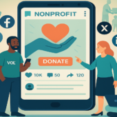 A digital illustration of nonprofit workers and volunteers engaging with a large smartphone screen displaying social media posts, donation buttons, and engagement metrics, surrounded by floating social media platform icons.