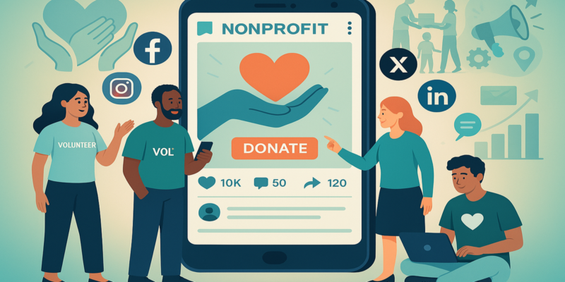 A digital illustration of nonprofit workers and volunteers engaging with a large smartphone screen displaying social media posts, donation buttons, and engagement metrics, surrounded by floating social media platform icons.