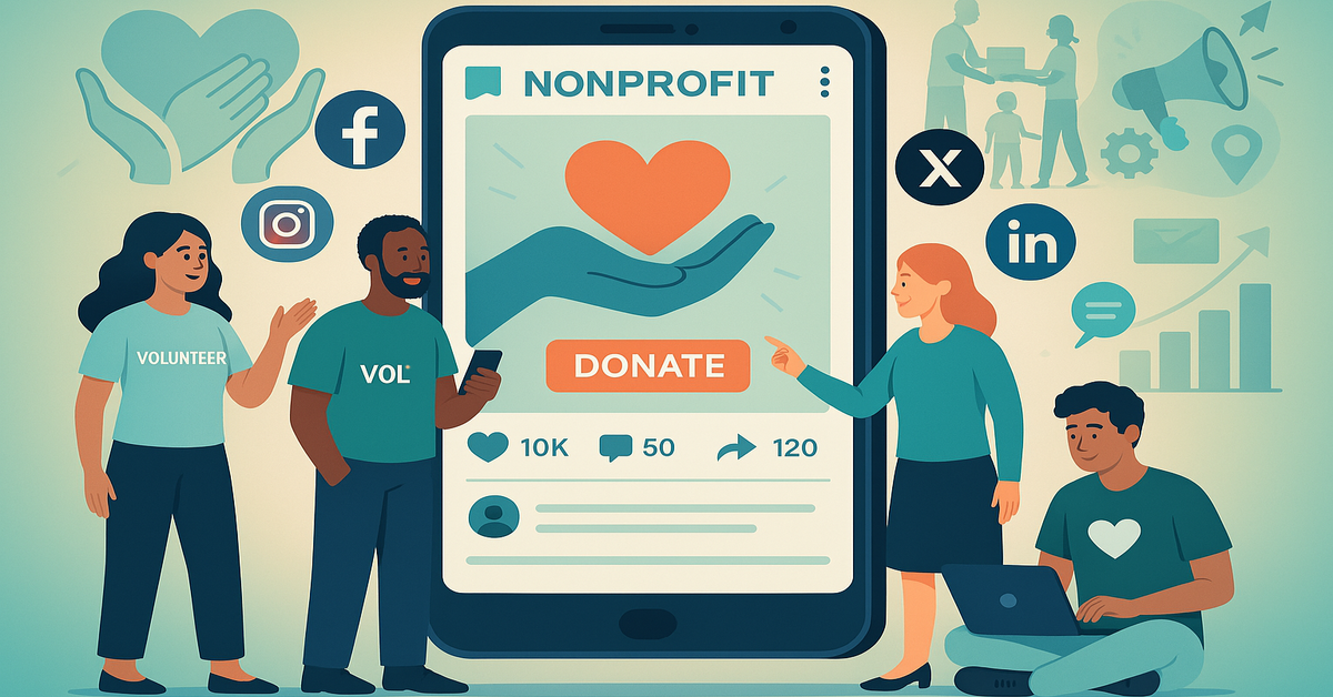 A digital illustration of nonprofit workers and volunteers engaging with a large smartphone screen displaying social media posts, donation buttons, and engagement metrics, surrounded by floating social media platform icons.