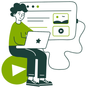 Illustration of content creator working on laptop designing visuals and videos for nonprofits.