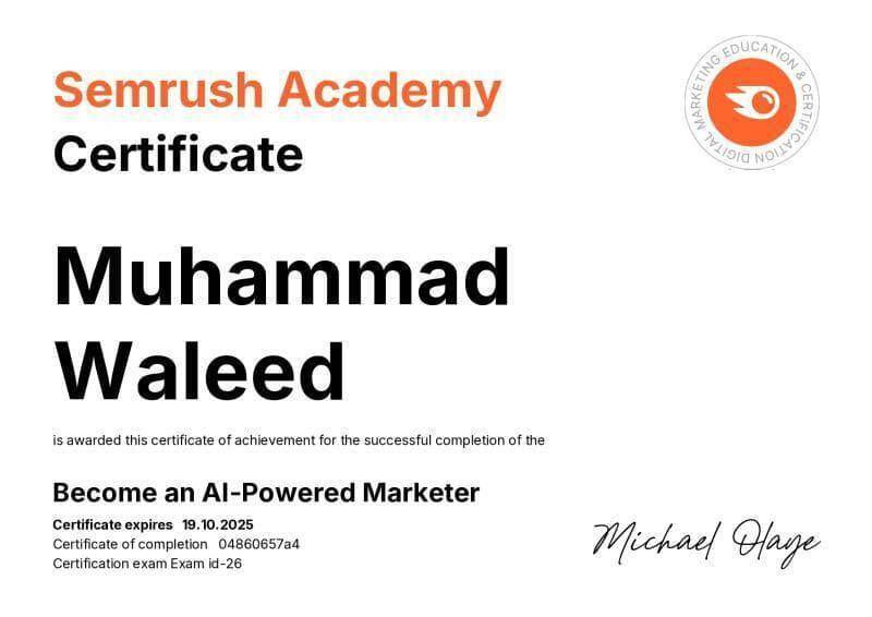 Celebrate Muhammad Waleed's AI-Powered Marketer certification earned in Dubai, showcasing expertise in AI marketing solutions and digital strategies.