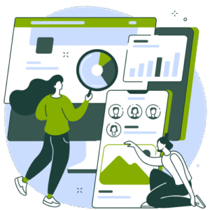 Illustration of two people analyzing campaign data and social media reports on a screen