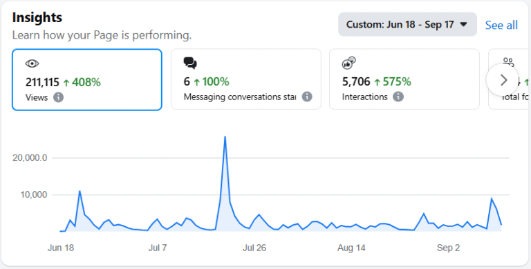 Facebook Insights showing HalalX’s growth in views, reach, and engagement through organic content.