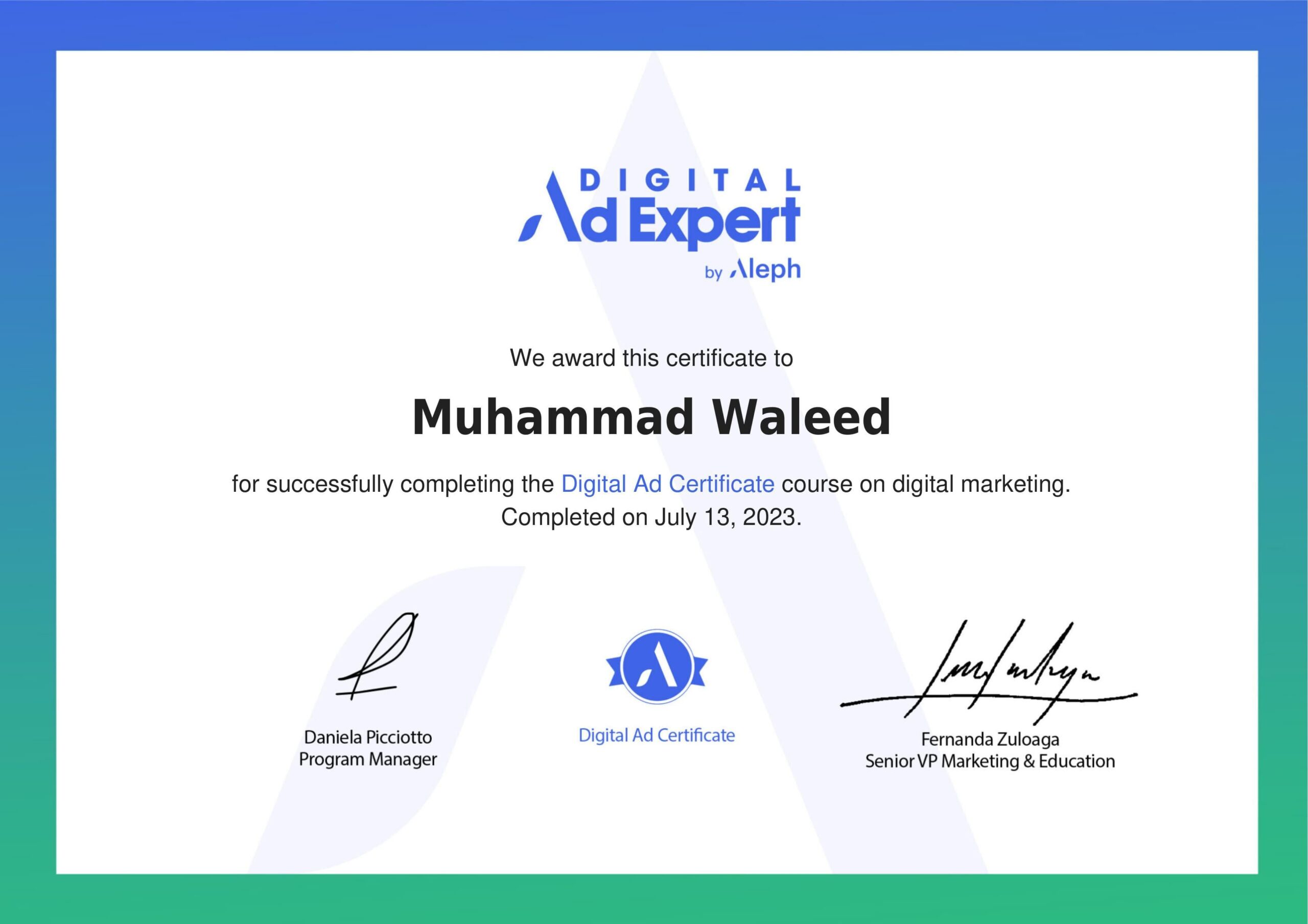 Muhammad Waleed's Digital Ad Expert certification, showcasing expertise in digital marketing services for businesses in Lahore. Find a leading digital marketing expert in Lahore today.