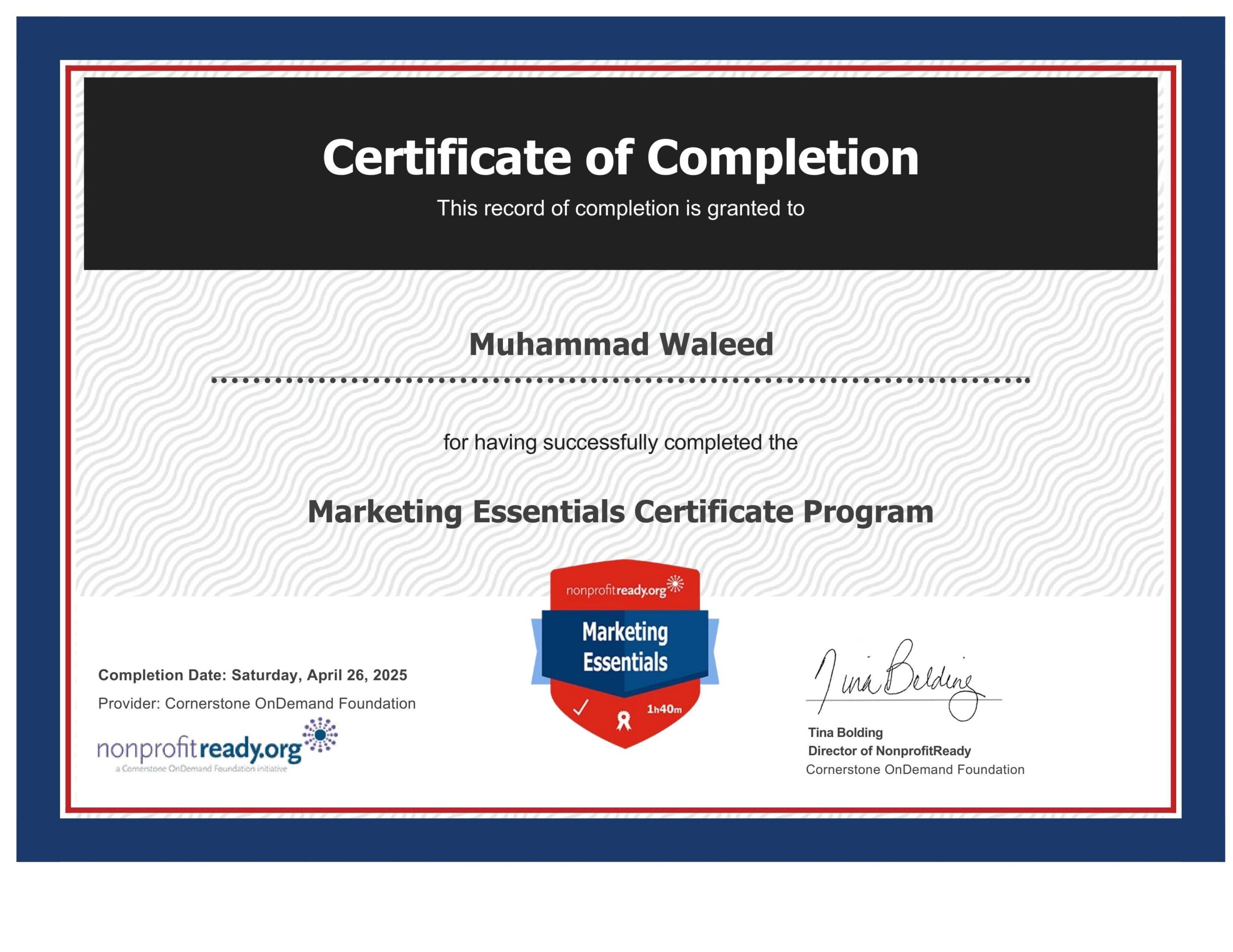 Muhammad Waleed's Marketing Essentials certificate, empowering local businesses in Lahore with vital marketing skills and expertise. Learn the essentials of marketing and boost your career!