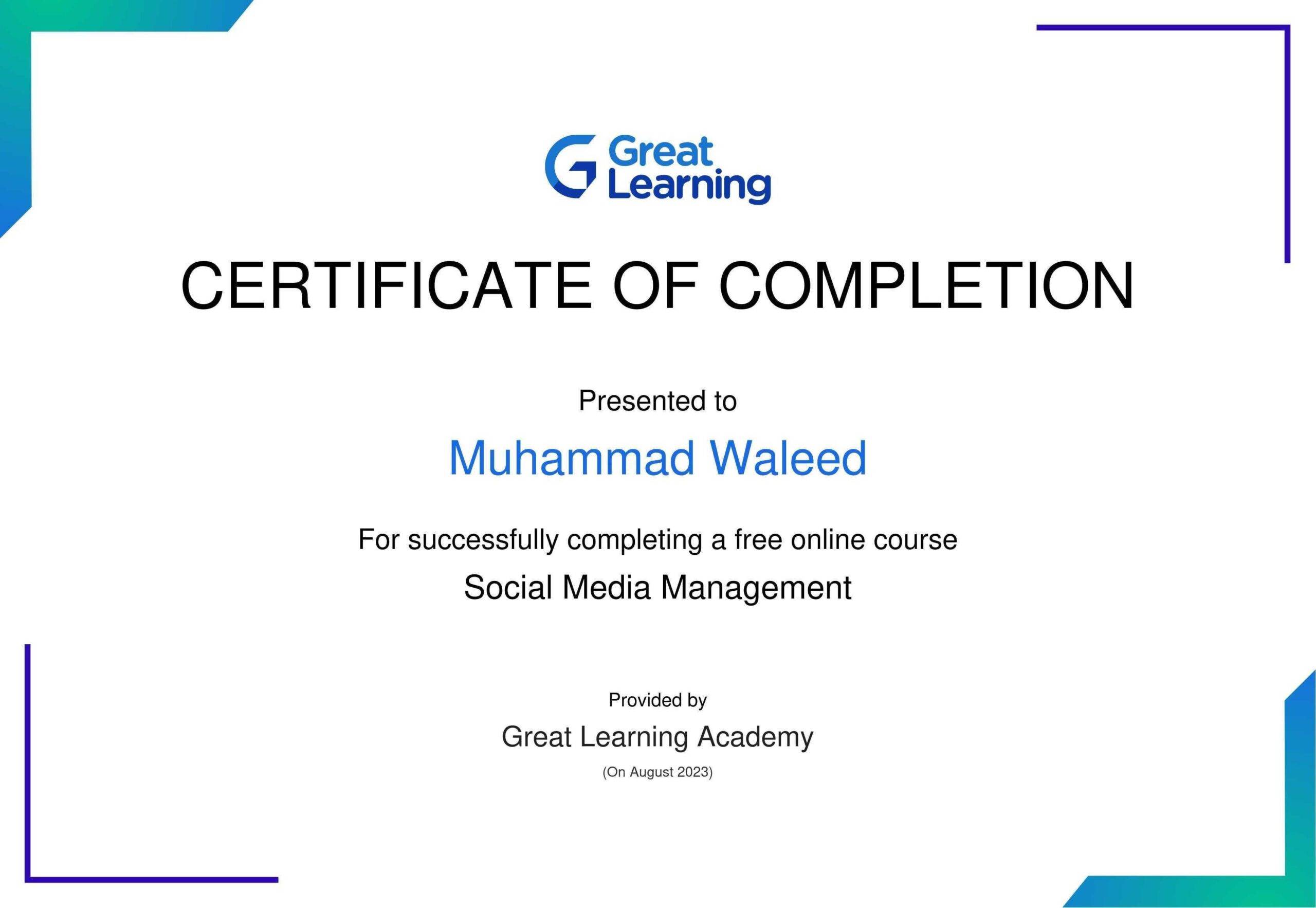 Completion certificate for Social Media Management. Elevate your brand with Lahore's top social media strategists. Contact us today for effective and targeted campaigns!