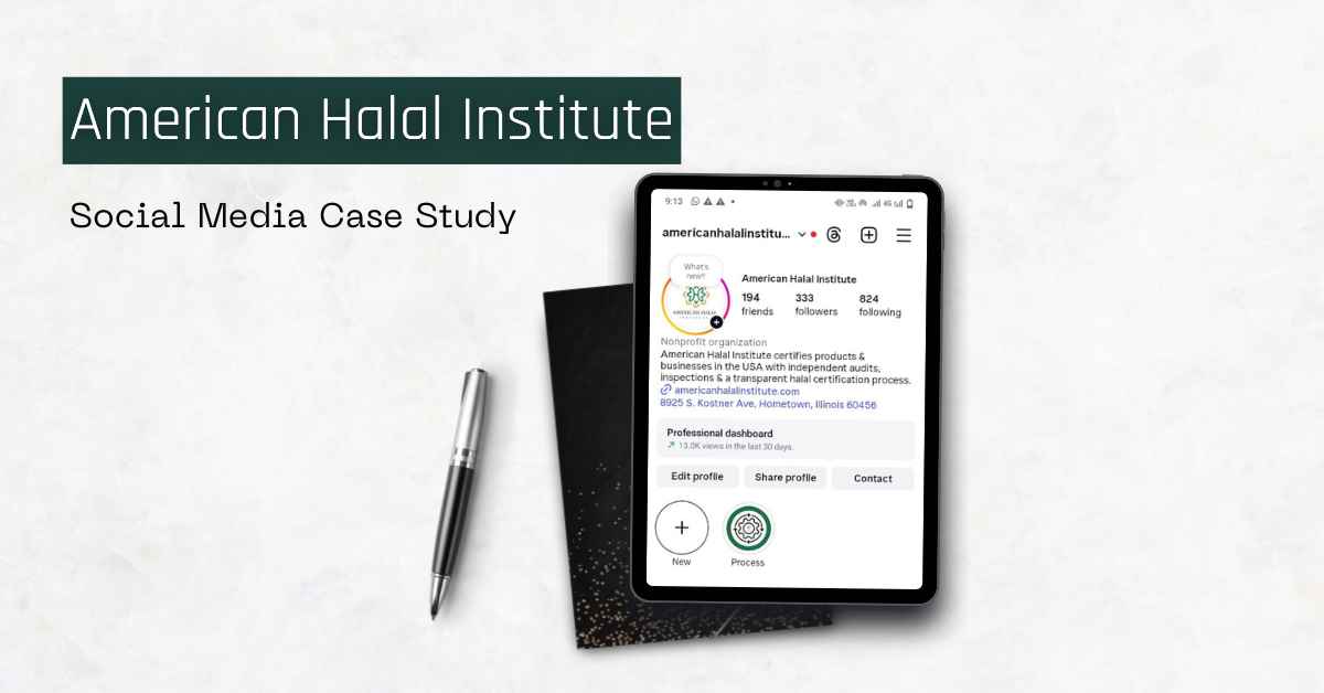 American Halal Institute social media case study cover showing Instagram profile on tablet with clean minimal workspace background.