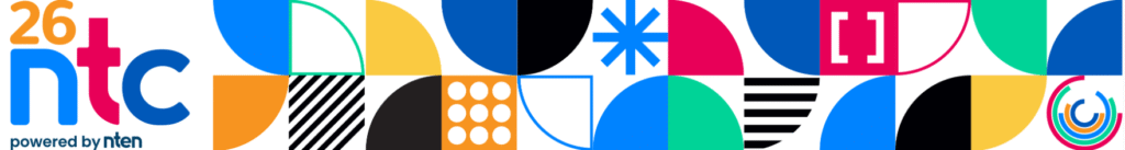 The vibrant 26ntc logo and geometric branding banner for the 2026 Nonprofit Technology Conference, one of the top nonprofit marketing conferences in 2026 focused on tech and equity.