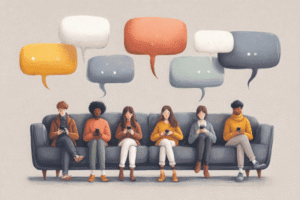 Illustration of a diverse group of people sitting on a couch using smartphones, with colorful speech bubbles floating above them, representing digital community engagement for nonprofits.