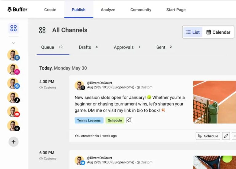 Screenshot of the Buffer dashboard 'Publish' tab showing the content queue, a scheduled post, and the option to toggle between list and calendar views.