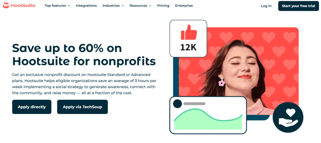 Screenshot of the official Hootsuite for Nonprofits landing page displaying the 'Save up to 60%' offer and the 'Apply via TechSoup' button.