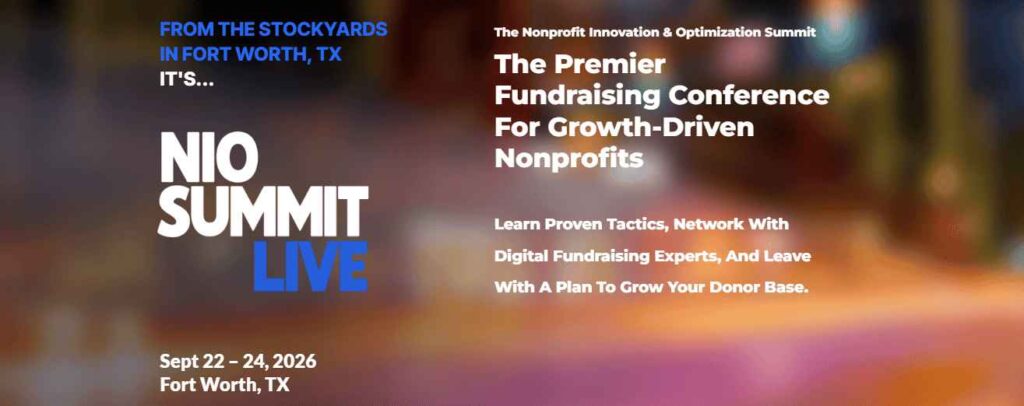 Promotional graphic for the NIO Summit 2026 in Fort Worth, TX (Sept 22-24), described as the premier fundraising conference for growth-driven nonprofits.