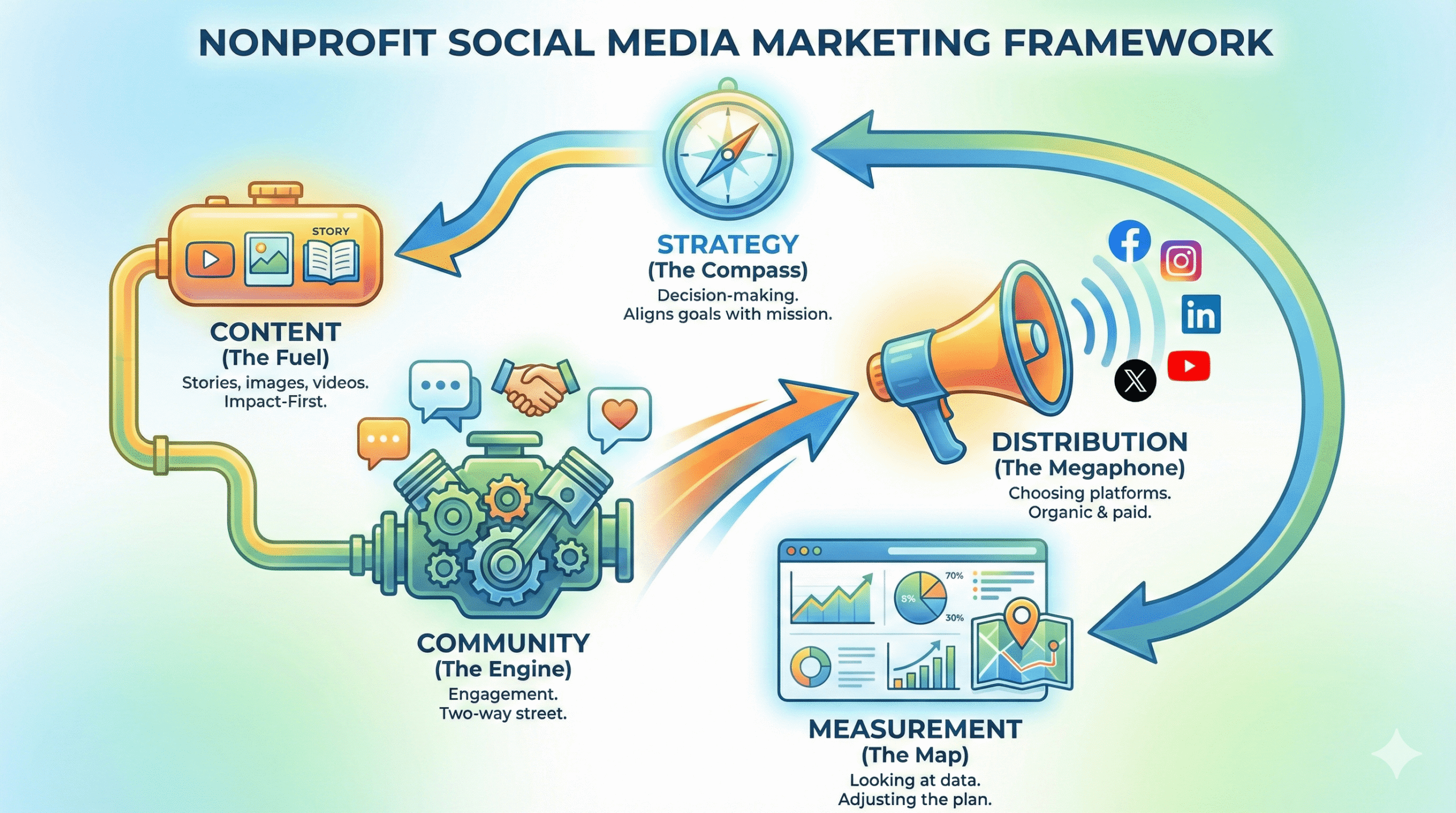 A detailed infographic titled Nonprofit Social Media Marketing Framework illustrating Strategy, Content, Community, Distribution, and Measurement as an interconnected system.