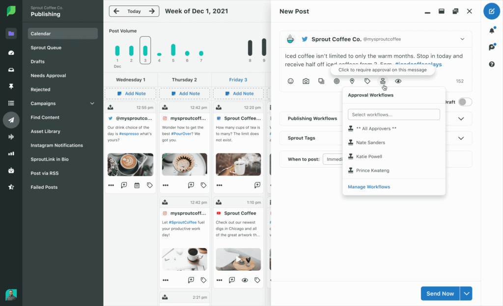 Screenshot of Sprout Social's publishing dashboard, a social media management tool for nonprofits, showing the 'Approval Workflows' feature that lets managers review volunteer posts before they go live.