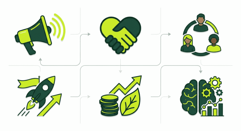 A visual framework illustrating the six core pillars of nonprofit social media marketing: icons for awareness, trust, community, campaign amplification, cost-efficiency, and audience insights are arranged in a clean, circular infographic layout.