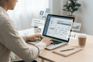 A nonprofit consultant working on a laptop with digital overlays showing a social media content plan, analytics charts, and a strategic checklist for defining goals and community engagement.