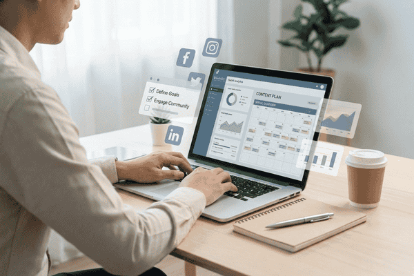 A nonprofit consultant working on a laptop with digital overlays showing a social media content plan, analytics charts, and a strategic checklist for defining goals and community engagement.