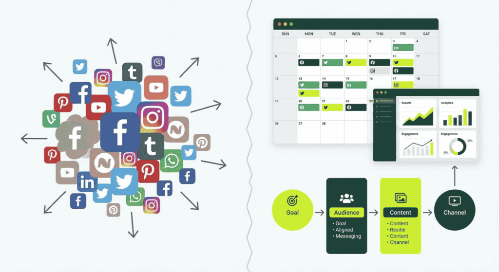 A split-screen visual comparing two approaches to nonprofit social media. The left side shows chaotic, disorganized icons representing random posting, while the right side displays an orderly system with a content calendar and analytics dashboard, symbolizing a successful social media strategy.