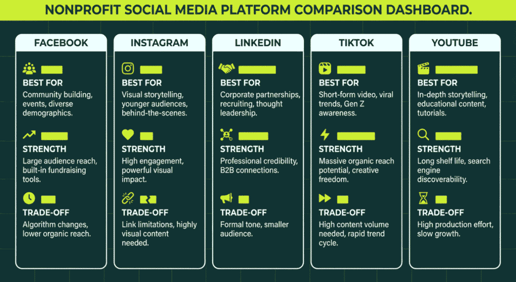 A dashboard graphic comparing key social media platforms for nonprofits—Facebook, Instagram, LinkedIn, TikTok, and YouTube—based on their strategic strengths and best use cases.