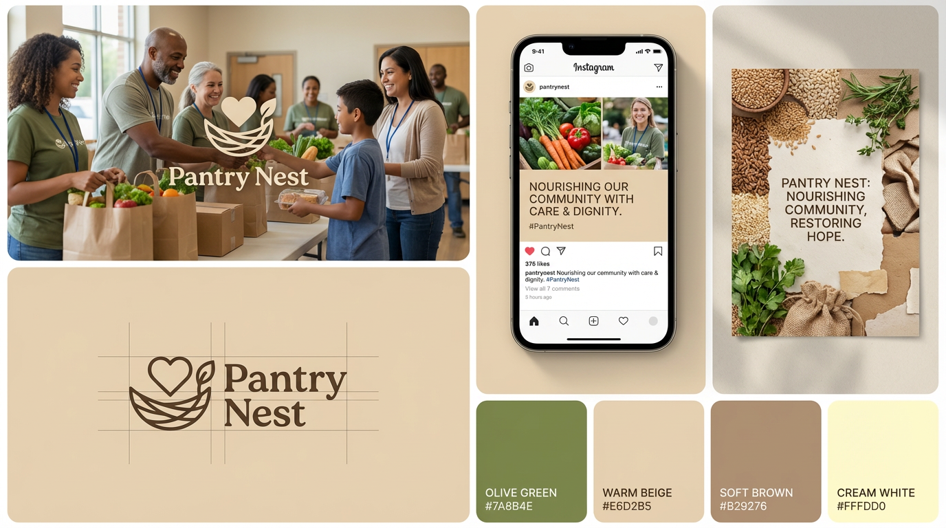 Brand identity design for food pantry nonprofit showing social media templates and color palette