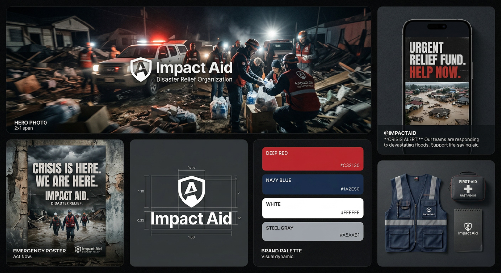 Brand identity design for Impact Aid nonprofit Disaster Relief Charity Organization showing social media templates and color palette