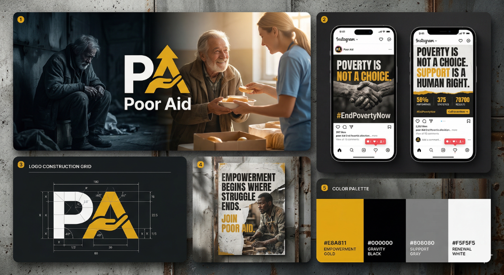 Brand identity design for Poor Aid nonprofit Poverty Organization showing social media templates and color palette