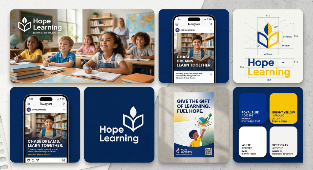 Brand identity design for Hope Learning nonprofit Education Organization showing social media templates and color palette