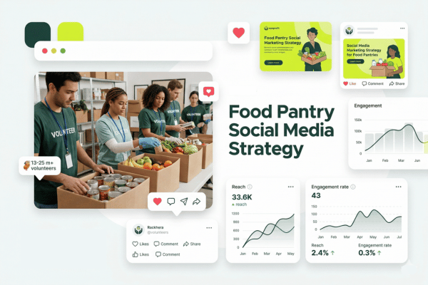 Volunteers packing food boxes beside a digital dashboard displaying food pantry social media marketing analytics.