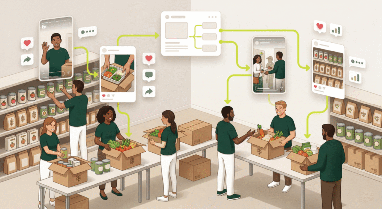 Food pantry volunteers organizing food donations are linked by an illustrative flowchart to social media posts and analytics dashboards.