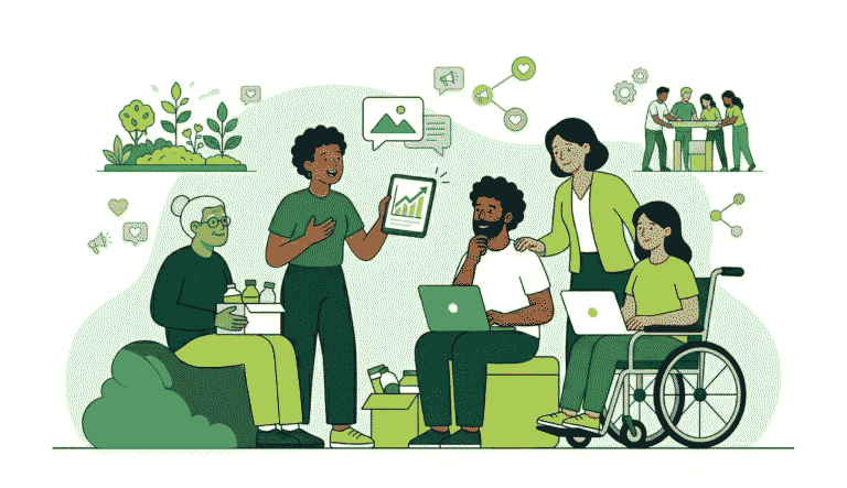 A flat illustration of a diverse, collaborative team of professionals, including an elderly man and a person in a wheelchair, working together on laptops and a tablet displaying a rising graph, with background elements symbolizing environmental sustainability and digital innovation.