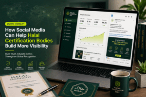 Modern social media dashboard and digital visibility strategy for a halal certification body showing halal compliance content, analytics, LinkedIn educational posts, and global halal certification branding.