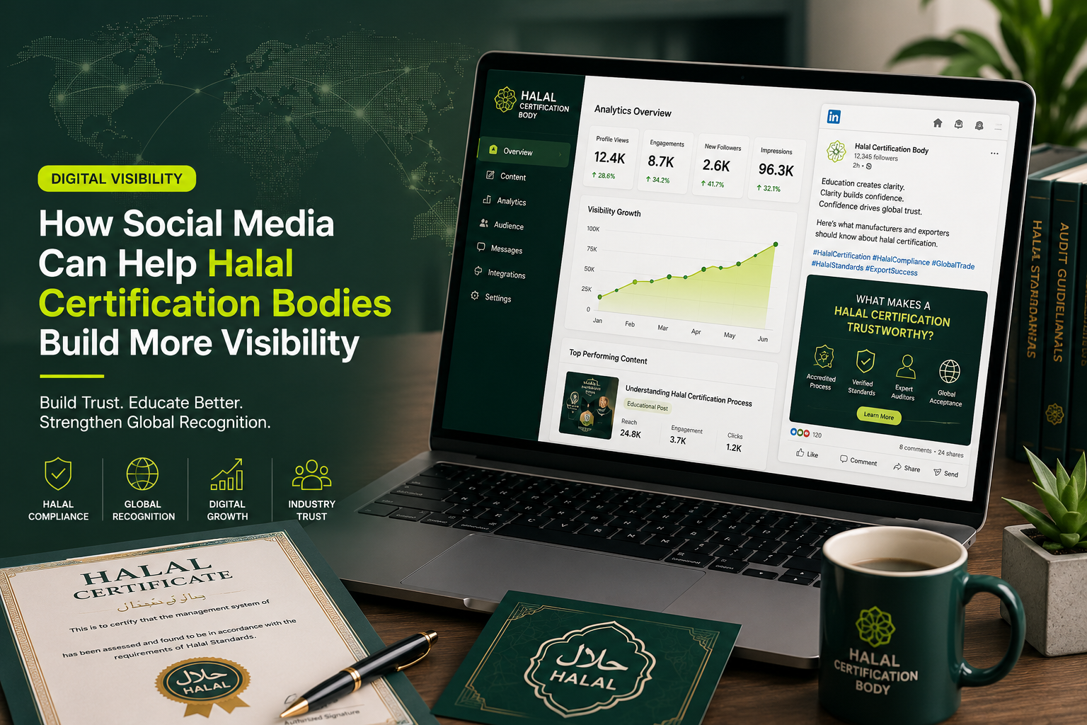 Modern social media dashboard and digital visibility strategy for a halal certification body showing halal compliance content, analytics, LinkedIn educational posts, and global halal certification branding.