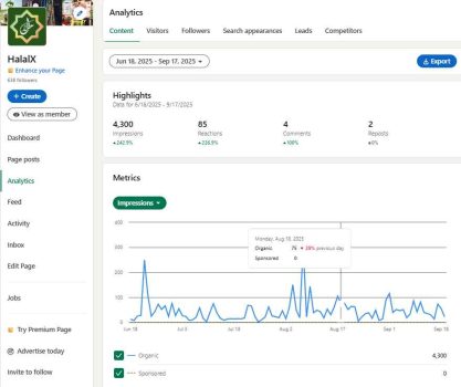 LinkedIn analytics showing HalalX’s growth in impressions and member reach achieved organically.